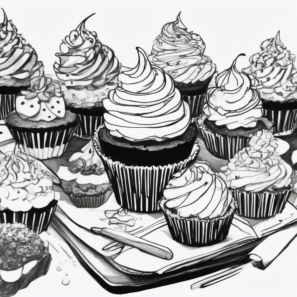 drawing of a cupcake at a party  minimal rough sketch scribbles,doodles,black and white