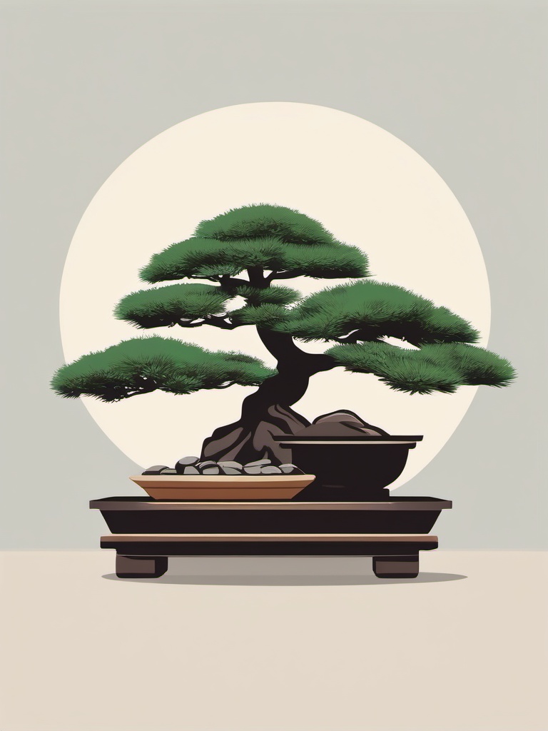 Bonsai Clipart - Miniature bonsai tree in a tranquil Japanese garden.  color clipart, minimalist, vector art, 