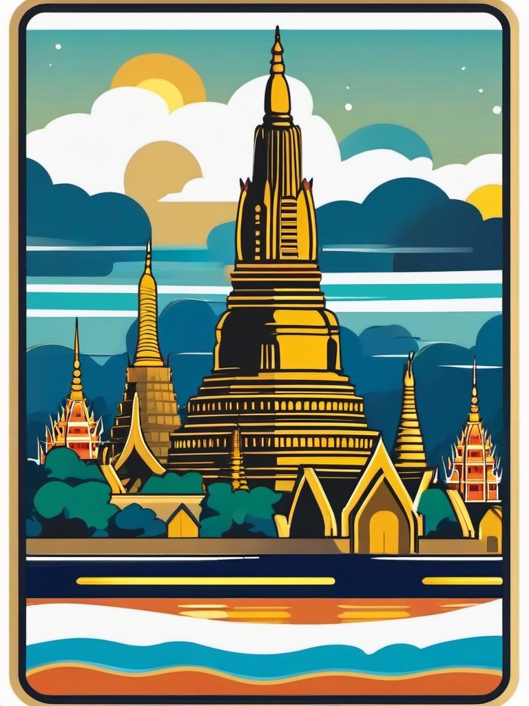 Bangkok Wat Arun sticker- Buddhist temple along the Chao Phraya River in Thailand, , sticker vector art, minimalist design