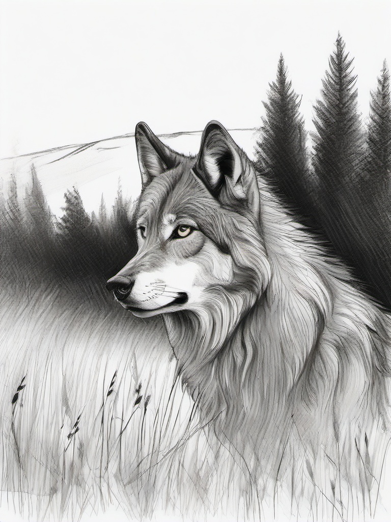 drawing of a wolf in meadow  minimal rough sketch scribbles,doodles,black and white