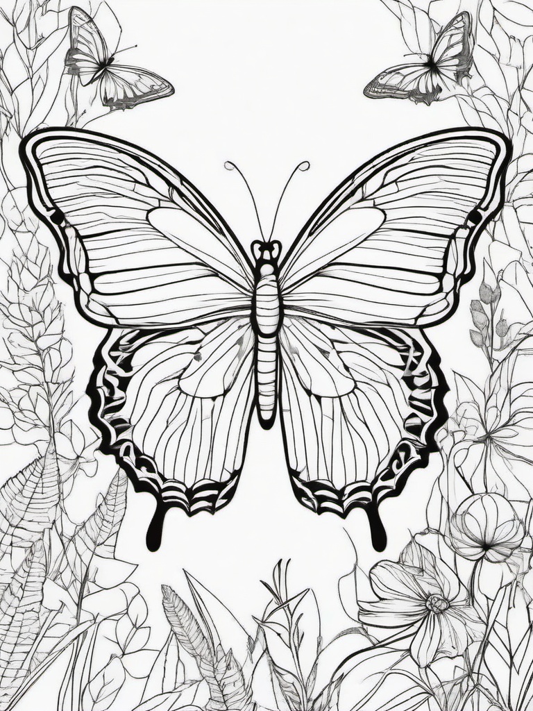 Butterflies in Nature Coloring Pages - Beautiful Butterflies Surrounded by Nature  minimal black outline printable sheet, coloring page