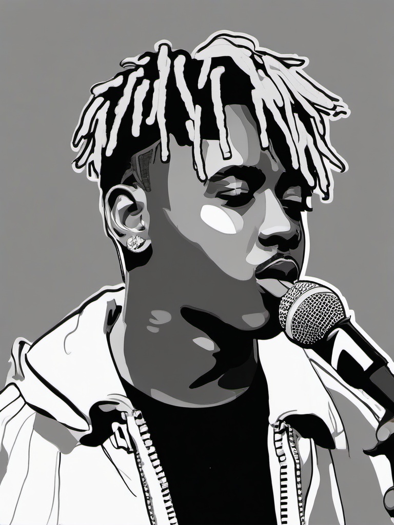 drawing of Juice Wrld with a microphone  minimal rough sketch scribbles,doodles,black and white