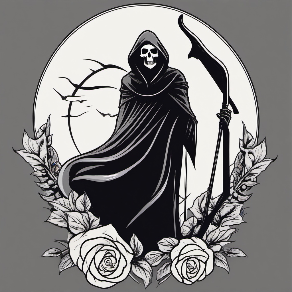 Death Reaper Tattoo-Dark and ominous tattoo featuring the Reaper, symbolizing mortality and the inevitability of death.  simple color vector tattoo