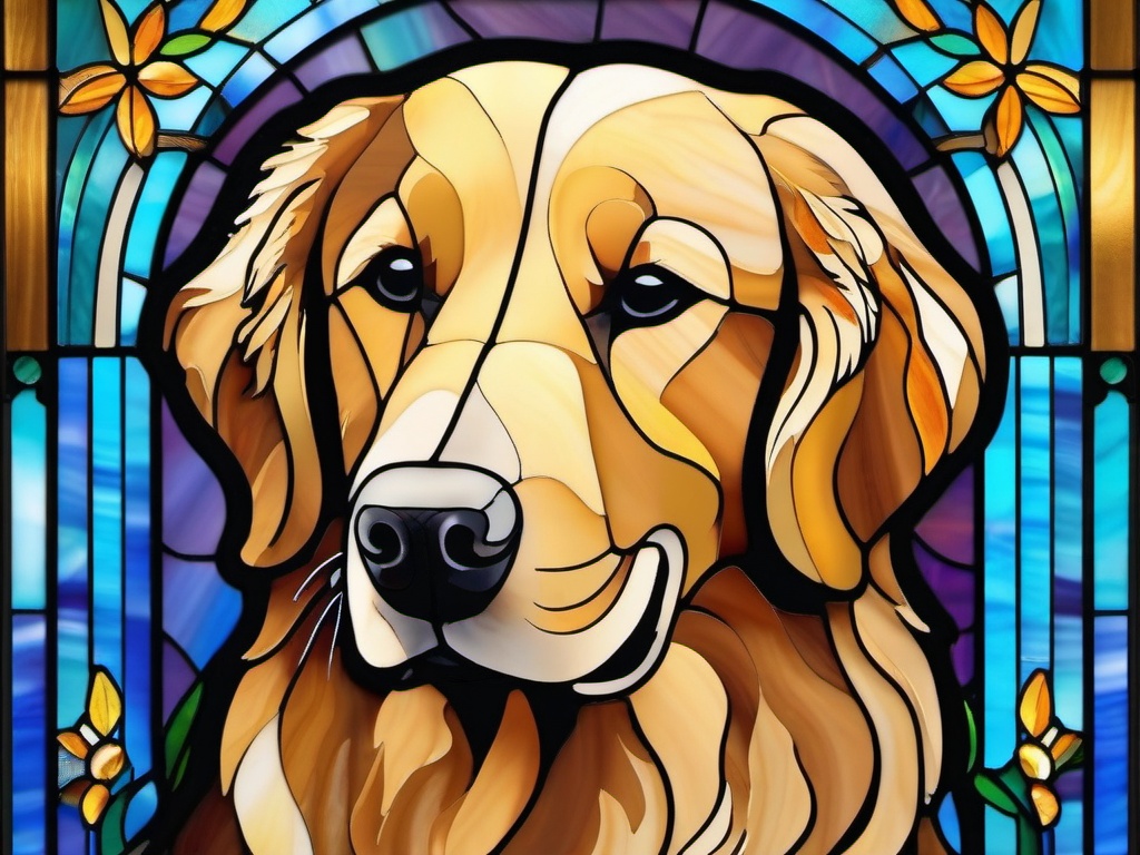 Stained Glass Golden Retriever - Golden retriever with friendly smile  