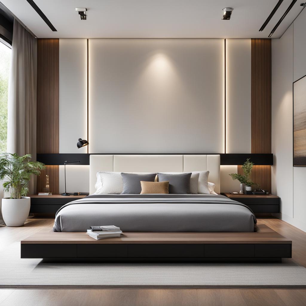 contemporary bedroom with a platform bed and clean, streamlined design. 