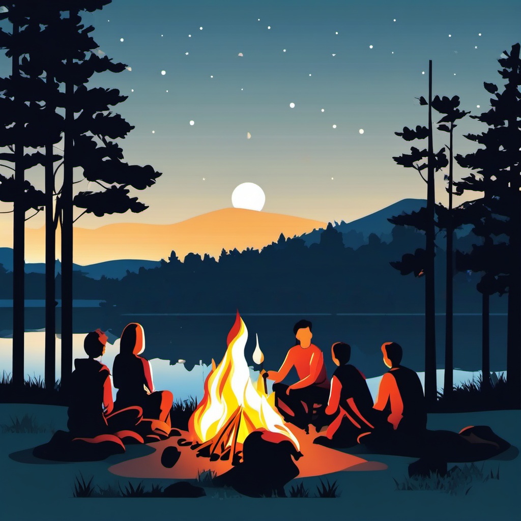 Bonfire at the Lake clipart - People gathering around a lakeside bonfire at night., ,vector color clipart,minimal