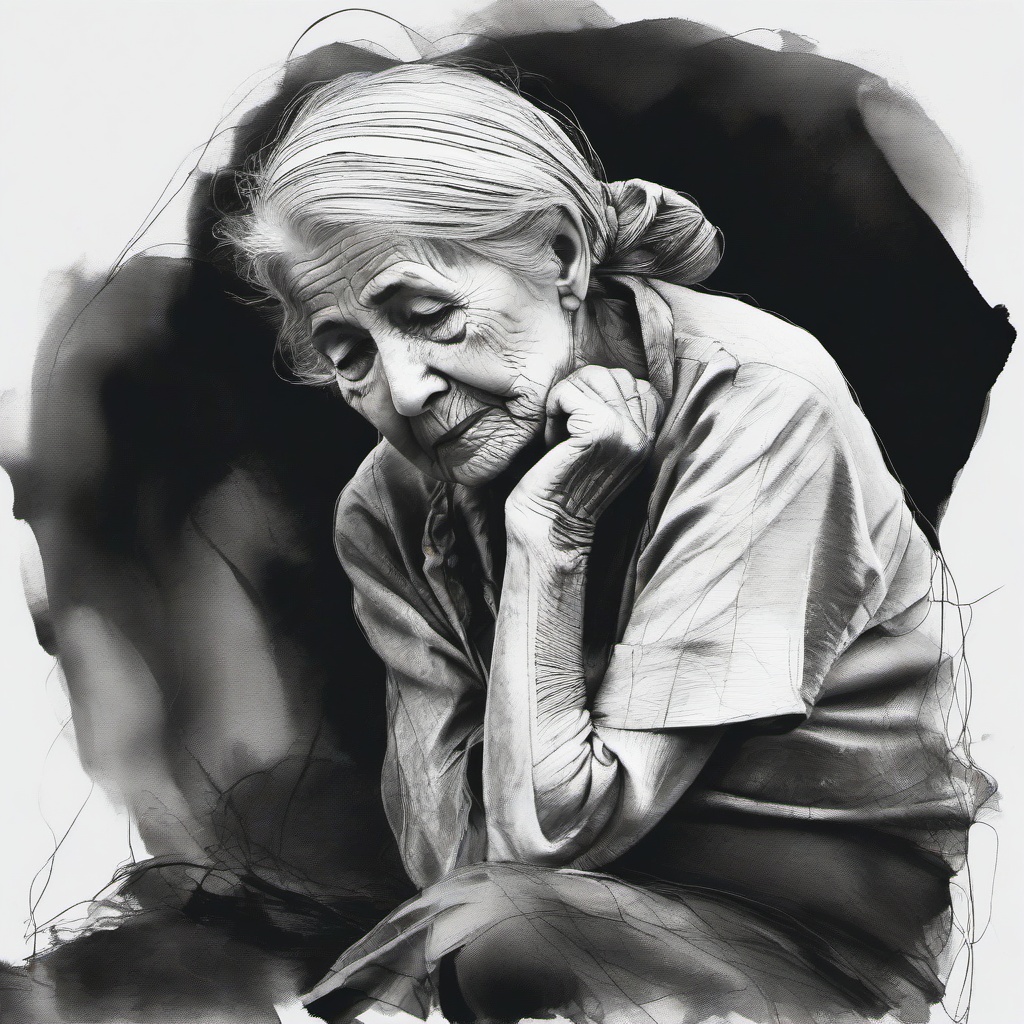 drawing of an old woman sitting  minimal rough scribbles,doodles,black and white