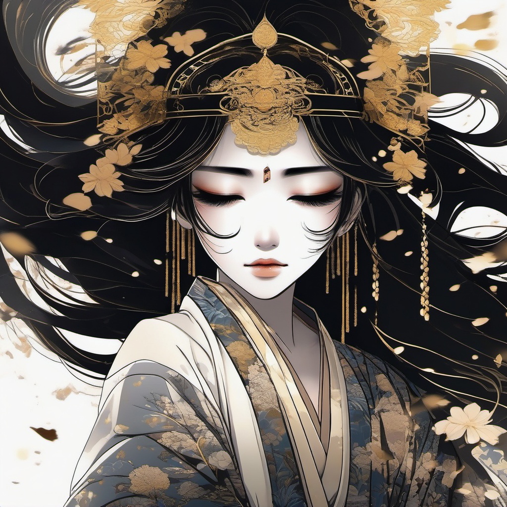 Anime style, Wit Studio Ghibli Studio, 2D ink art. A heartbroken woman in a flowing kimono with intricate gold designs, tears streaming down her face. Her beautiful, sorrowful expression is framed by long, flowing black hair. Rain falls around her, depicted with sparkling effects.  Japanese aesthetic with deep, expressive linework in the style of Nakatani Suisen. Indian gold elognated bindi. Calm water ripples. Ultra high definition, focusing on intricate details.