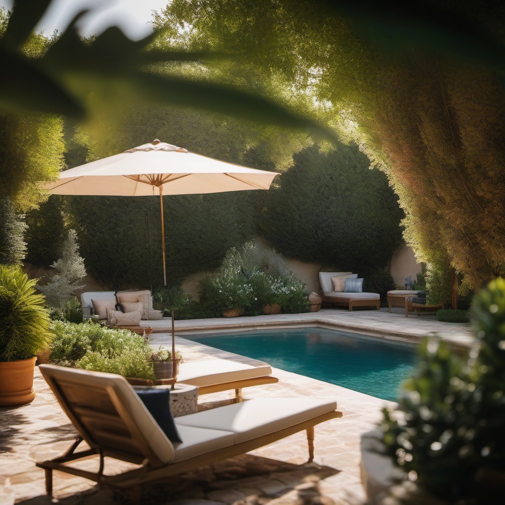 Mediterranean Backyard Paradise - Mediterranean backyard paradise with a tiled pool and lush greenery. realistic, professional photography, bokeh, natural lighting, canon lens, shot on dslr 64 megapixels sharp focus