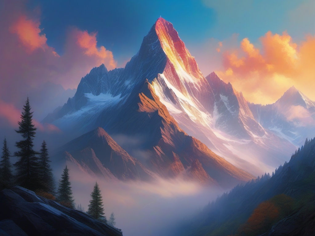 Towering mountain range, shrouded in mist and legends, beckons daring climbers to reach its lofty peaks and touch the heavens. hyperrealistic, intricately detailed, color depth,splash art, concept art, mid shot, sharp focus, dramatic, 2/3 face angle, side light, colorful background