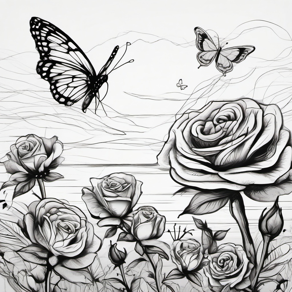 drawing of roses and butterflies in the sunset  minimal rough sketch scribbles,doodles,black and white