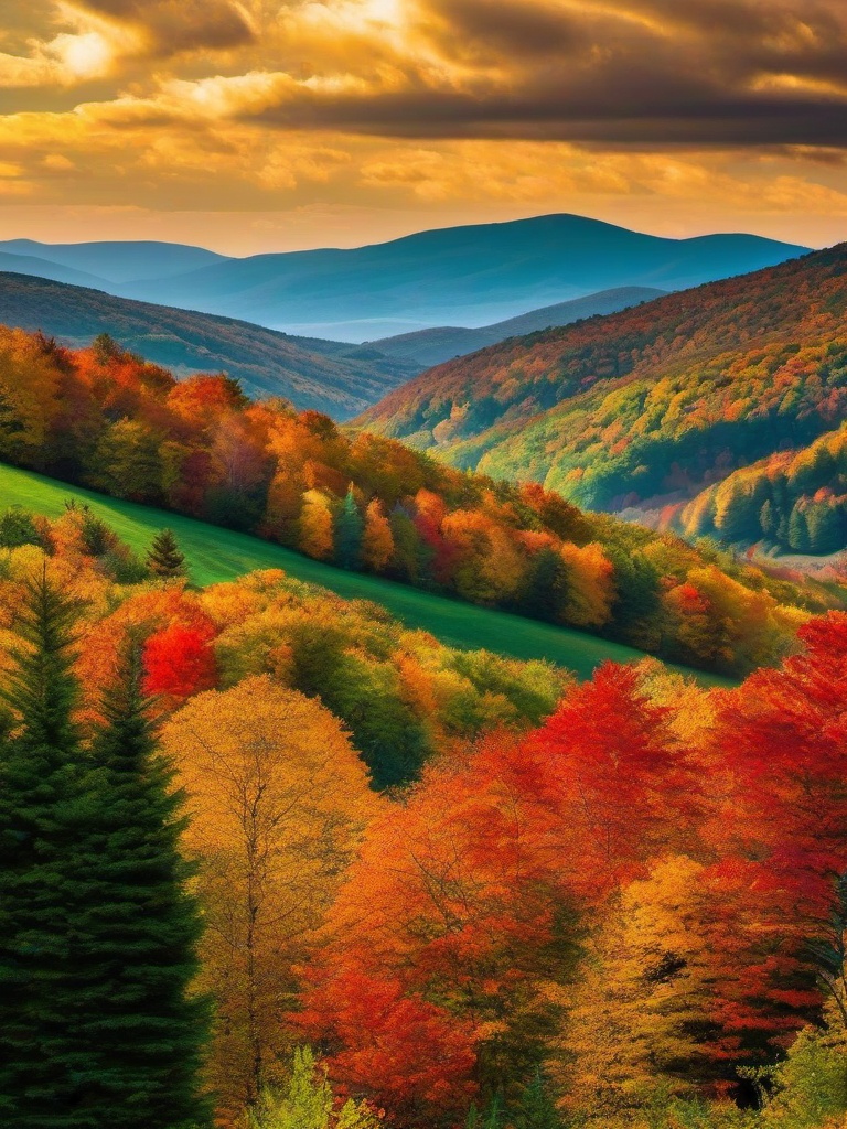 Fall Wallpaper - Autumn Foliage in Vermont's Green Mountains wallpaper splash art, vibrant colors, intricate patterns