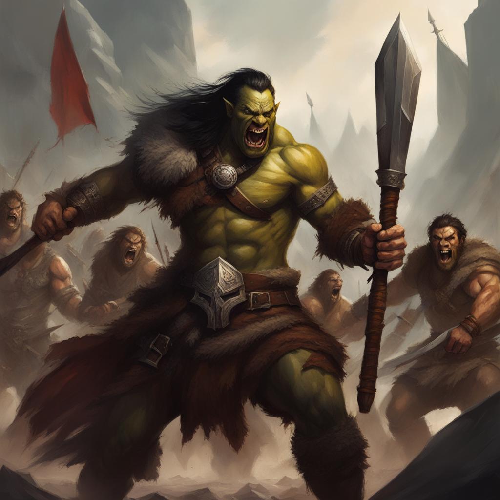 half-orc barbarian in a frenzy - illustrate a half-orc barbarian in the midst of battle, in a frenzied rage, wielding a massive weapon. 