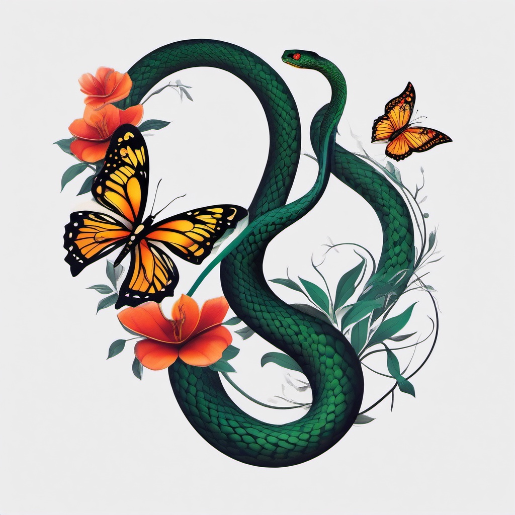 snake and butterfly tattoo  simple color tattoo, minimal, white background