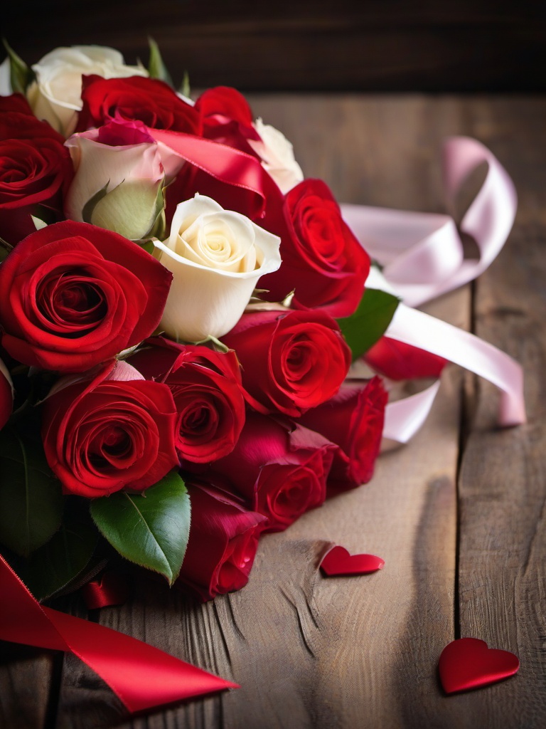 Valentines Day background - Bouquet of red and white roses tied with a satin ribbon  