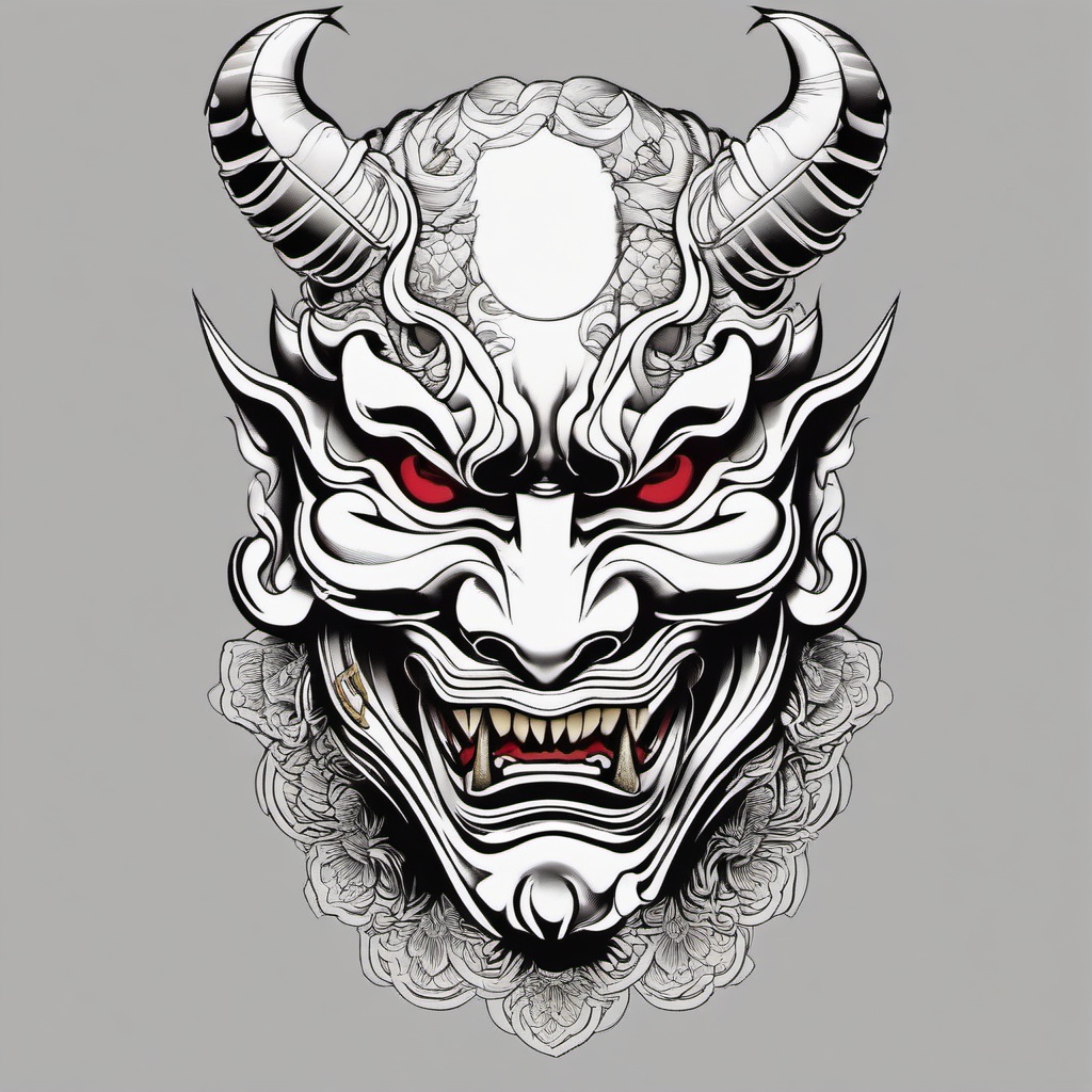 Hannya Mask Samurai Tattoo - Blends the fierce expression of the Hannya mask with traditional samurai motifs in tattoo art.  simple color tattoo,white background,minimal