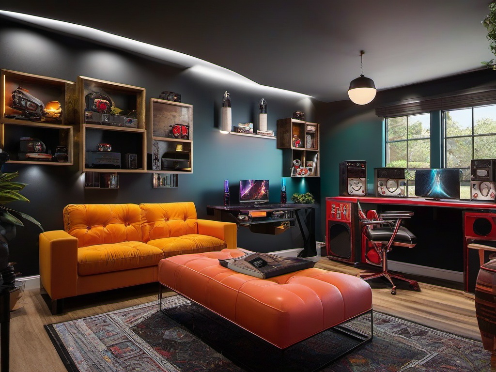 Eclectic gamer room combines unique furniture pieces, vibrant colors, and various decor styles, making it a dynamic and personalized space for gamers.  