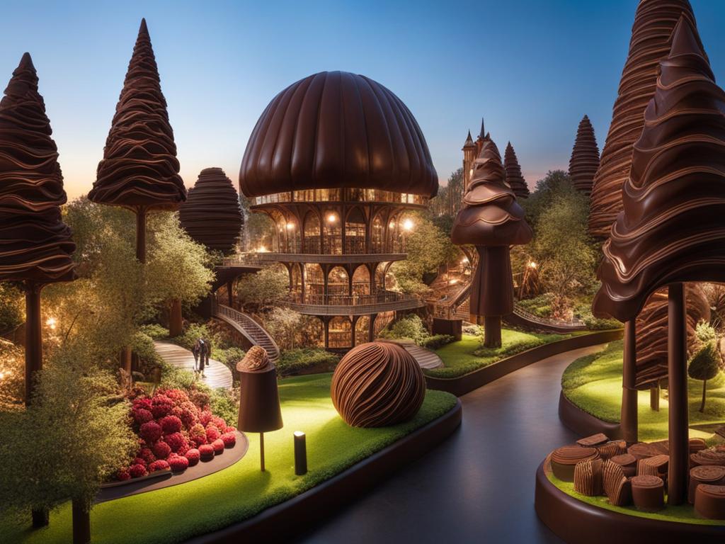 indulge in chocolate wonderland, a world made entirely of chocolate with edible landscapes. 