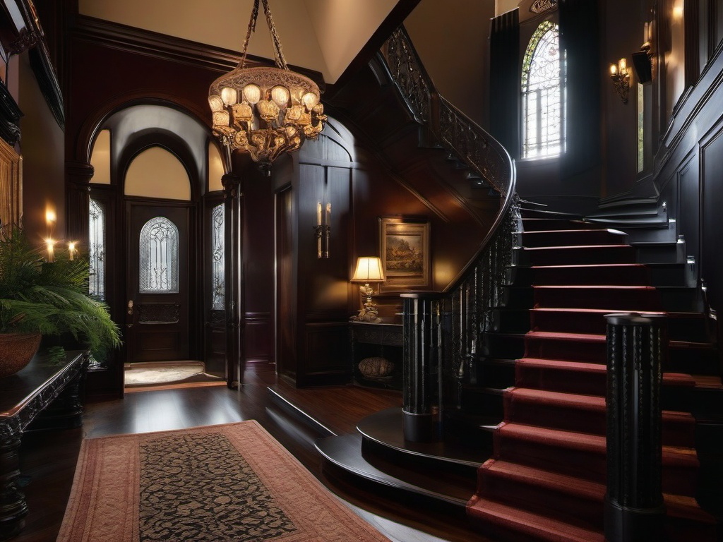 The foyer features Gothic interior design with grand arches, dark woods, and atmospheric lighting that welcomes guests with a sense of historical drama.  