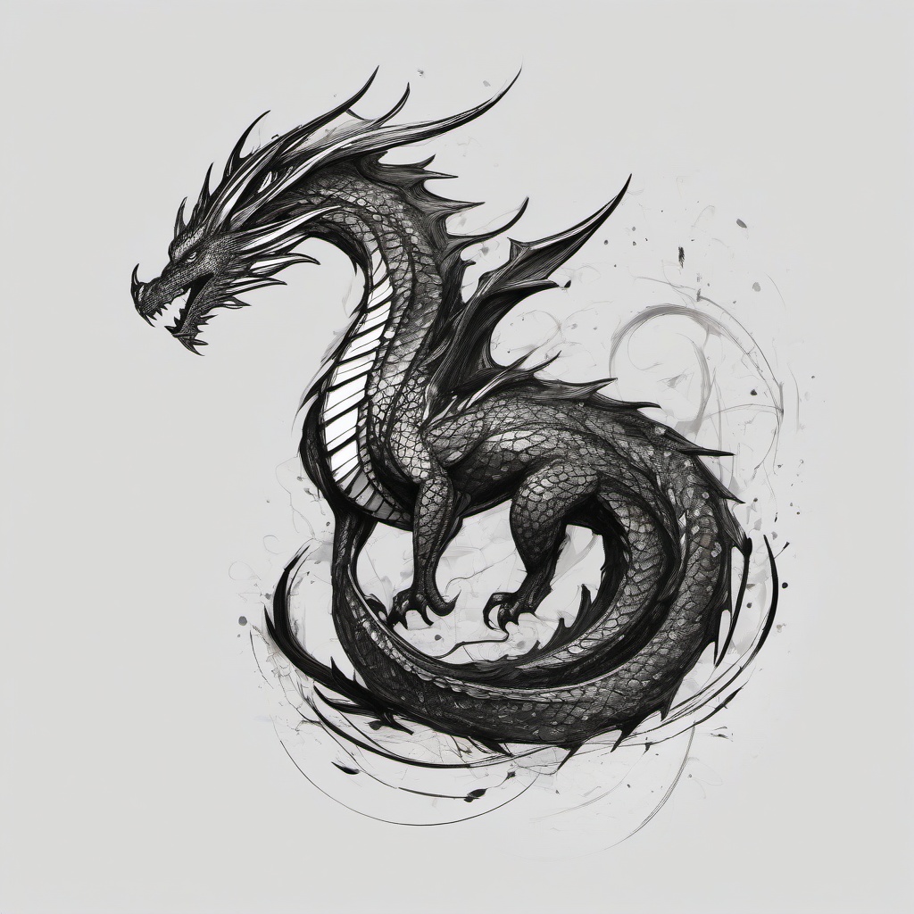 drawing of a dragon with shimmering scales  minimal rough sketch scribbles,doodles,black and white