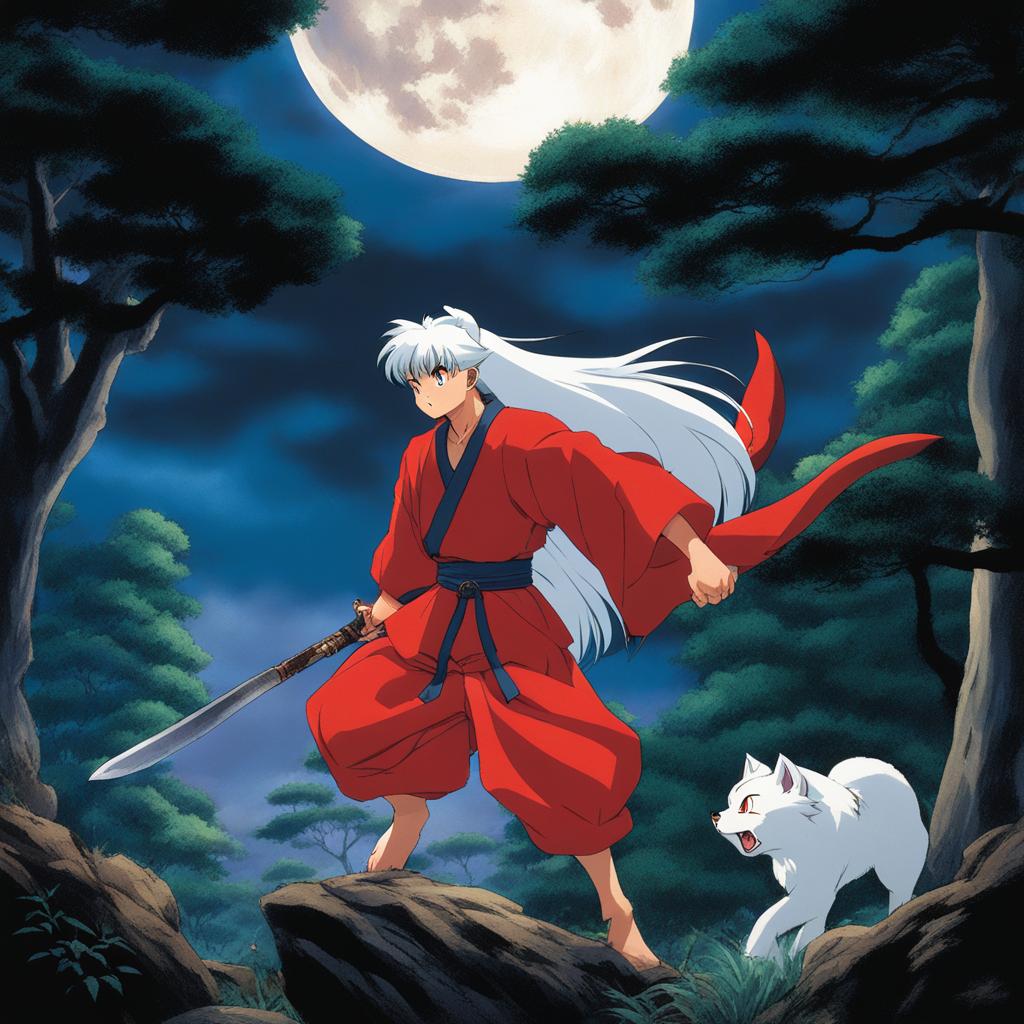 inuyasha battles menacing demons in a serene, moonlit forest. 