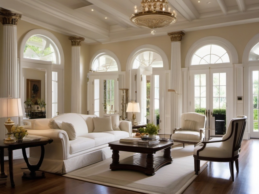 Greek Revival living room with white columns, classic statues, and elegant furnishings evokes the grandeur of ancient Greece.  