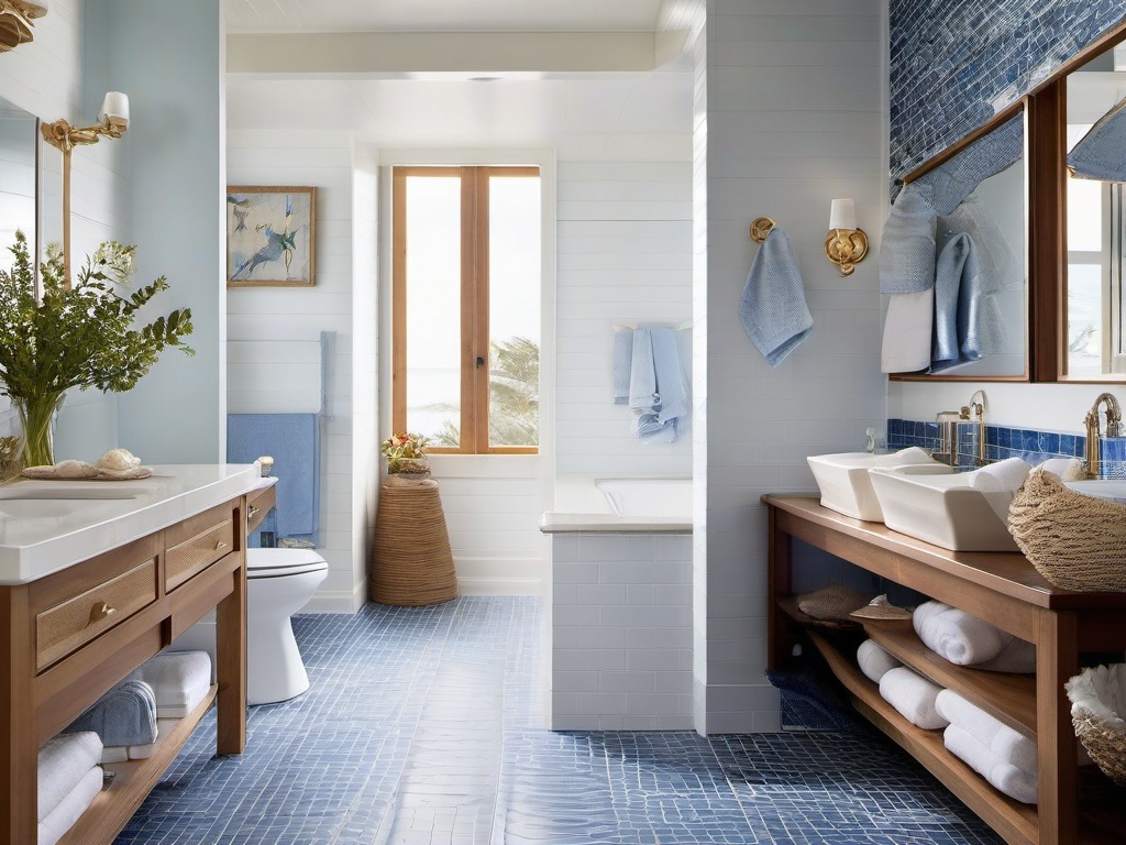 Nautical bathroom showcases blue and white tiles, seashell decor, and light wood accents that evoke a breezy seaside atmosphere.  