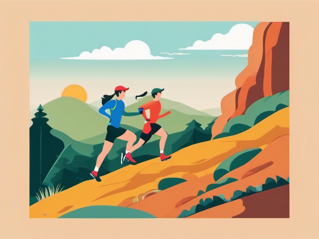 Trail Running Challenge Clipart - Trail runners taking on a challenging course.  color vector clipart, minimal style