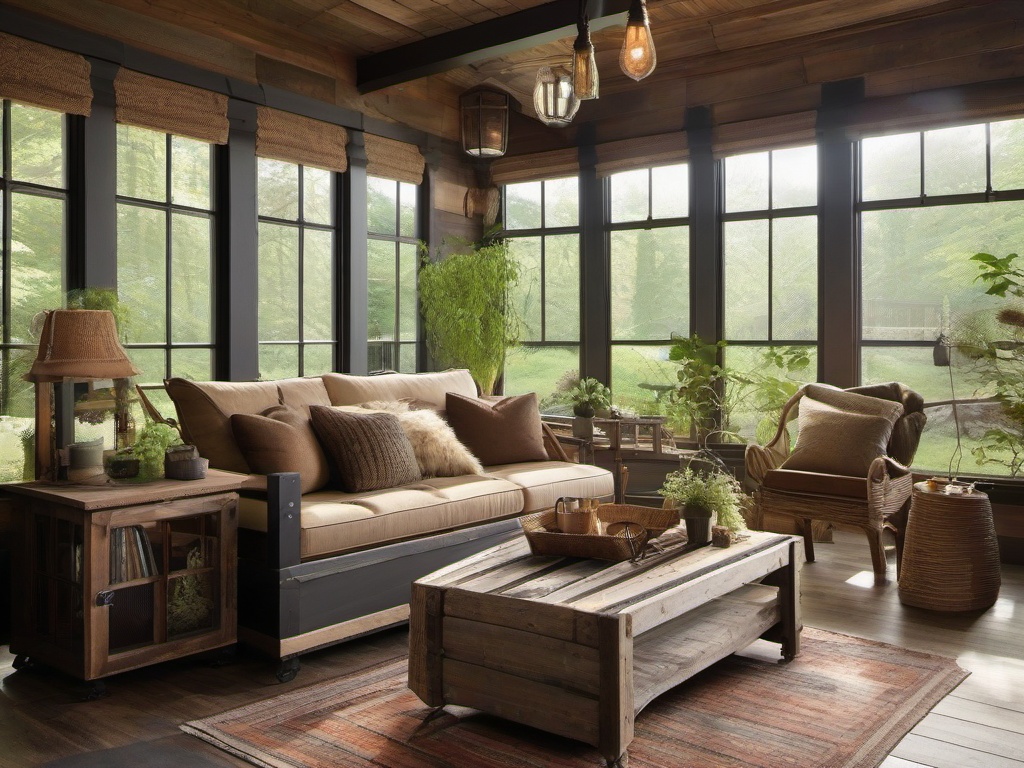 A sunroom with Post-Apocalyptic interior design highlights a mix of reclaimed furniture, earthy colors, and rustic decor that creates an inviting space to enjoy the beauty of nature.  