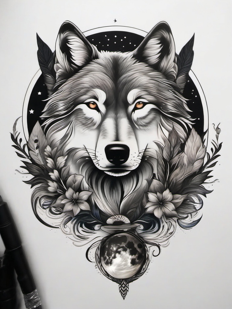 Wolf and the Moon Tattoo,elegant fusion of a wolf and the moon, dance between nature and the cosmos in tattoo form. , color tattoo design, white clean background