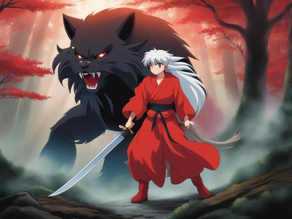 inuyasha battles a formidable demon within a mystical forest shrouded in mist. 