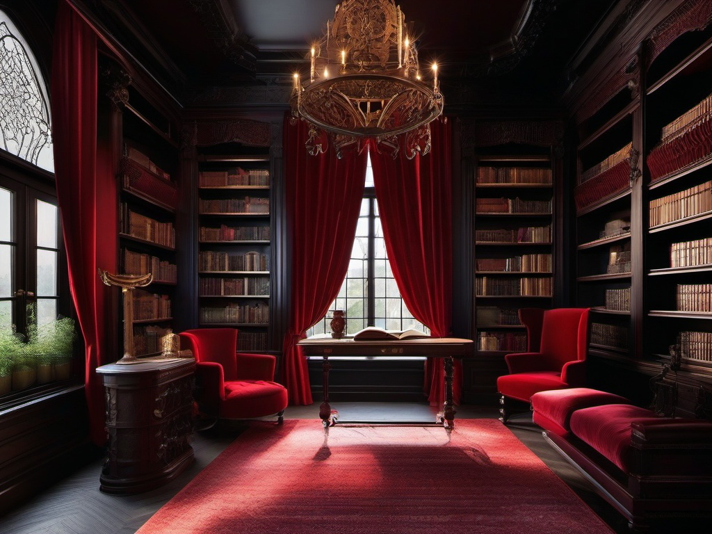 Gothic library with dark wood bookshelves, red velvet curtains, and intricate wrought iron details creates a dramatic and moody atmosphere.  