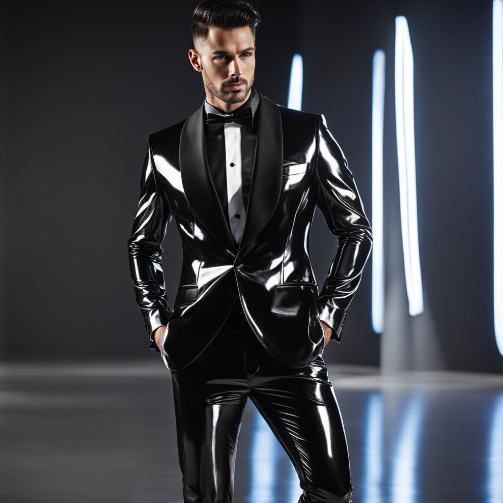 full length black shine  men futuristic tuxedo