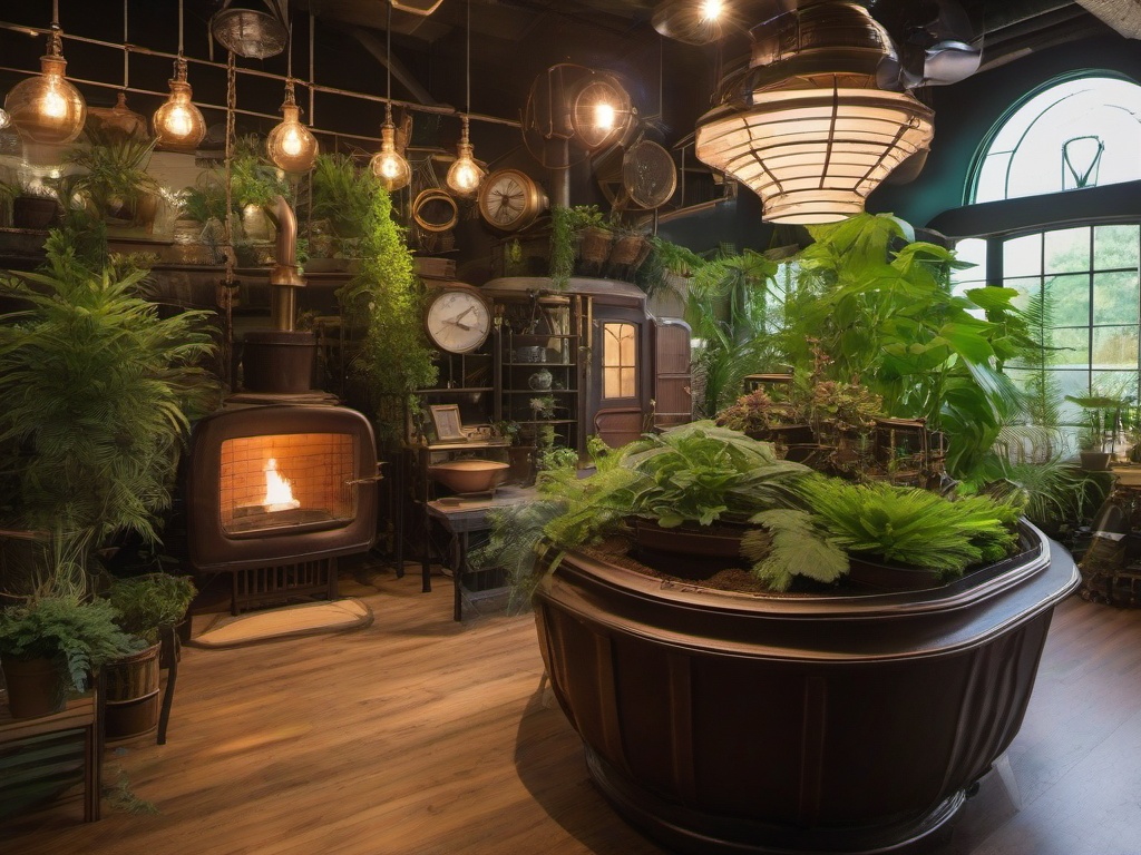 The garden room showcases steampunk interior design with an assortment of vintage planters, industrial decor, and lush greenery that brings character and warmth to indoor gardening.  