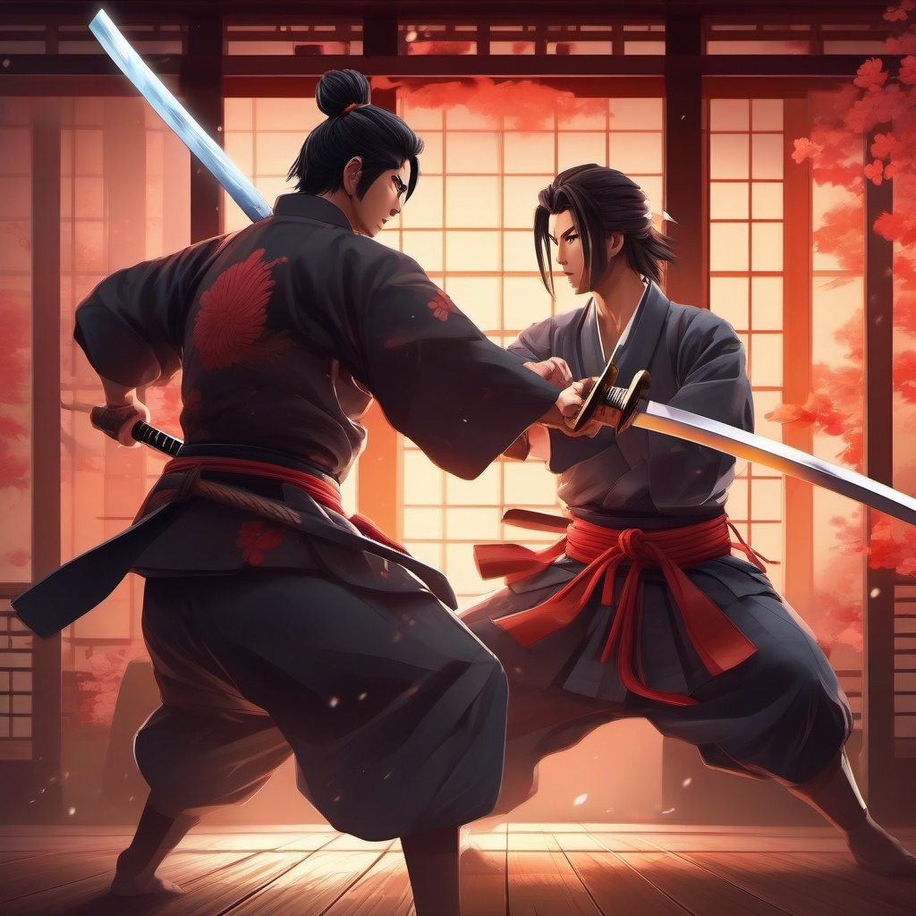 Skilled samurai, in a traditional Japanese dojo, engaging in a fierce sword duel with a formidable opponent.  front facing ,centered portrait shot, cute anime color style, pfp, full face visible