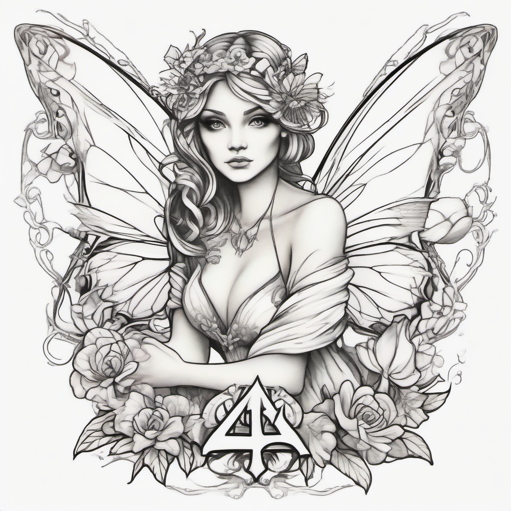 fairy sitting tattoo  simple color tattoo style,white background and letter A  ,tattoo design, white background