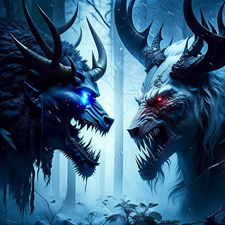 wendigo vs skinwalker - supernatural showdown in a cursed wilderness, shape-shifting and blood-curdling cries. 