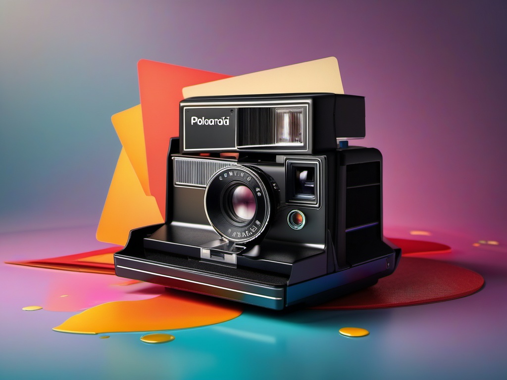 Polaroid Camera - A vintage Polaroid camera with instant photo prints hyperrealistic, intricately detailed, color depth,splash art, concept art, mid shot, sharp focus, dramatic, 2/3 face angle, side light, colorful background