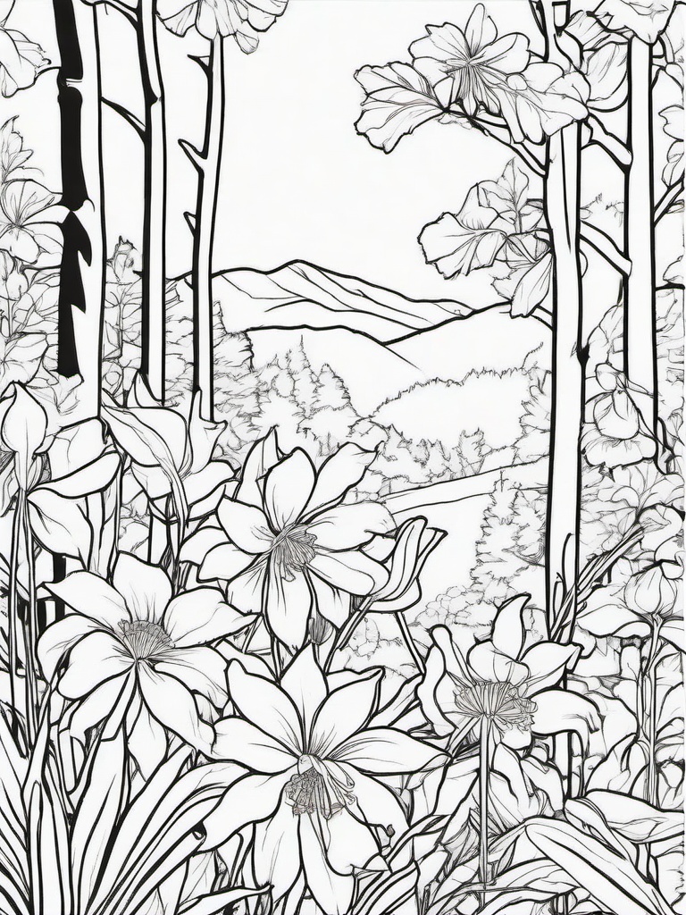 Columbine coloring page sheet - Columbine flowers swaying gently in a forest clearing.  black outline printable coloring page