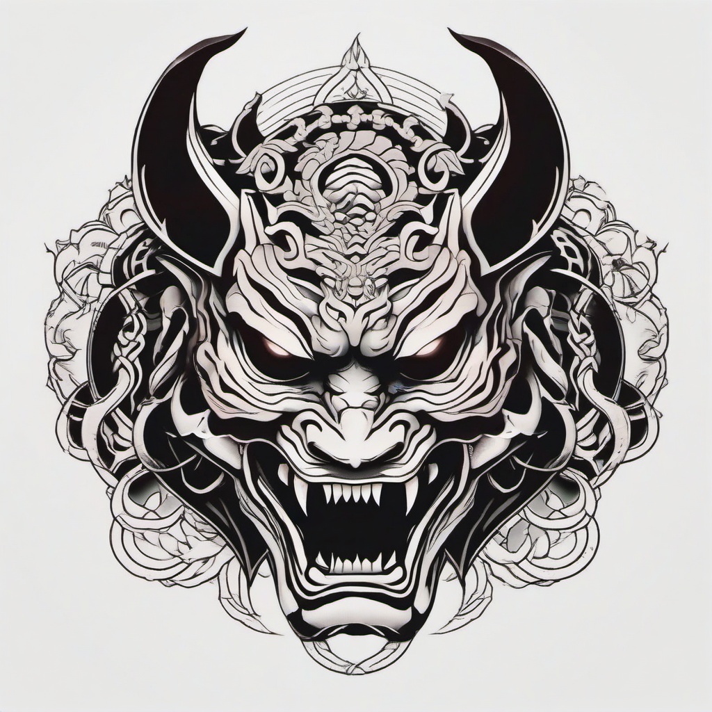 Oni Mask Snake Tattoo - Tattoo featuring the Oni mask alongside a snake motif, symbolizing transformation and power.  simple color tattoo,white background,minimal