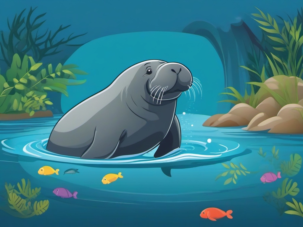 Manatee Cartoon - Cartoon of manatee drifting in river  