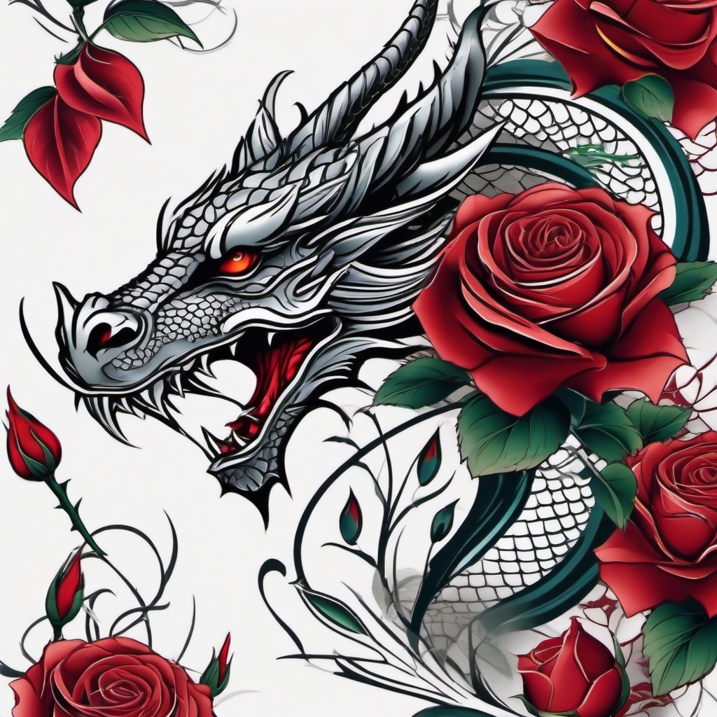 Dragon and Rose Tattoo - Tattoos combining dragon elements with roses for a romantic touch.  simple color tattoo,minimalist,white background