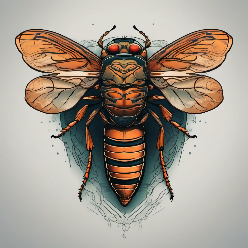 Cicada emerging from its shell ink: A powerful representation of transformation and growth.  simple color tattoo style