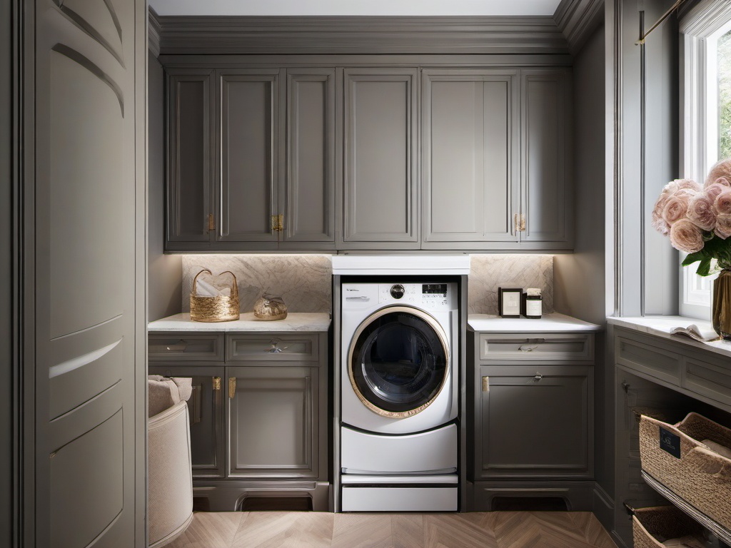 Parisian laundry room captures elegance with chic cabinetry, decorative moldings, and stylish accents that maximize style in a limited space.  