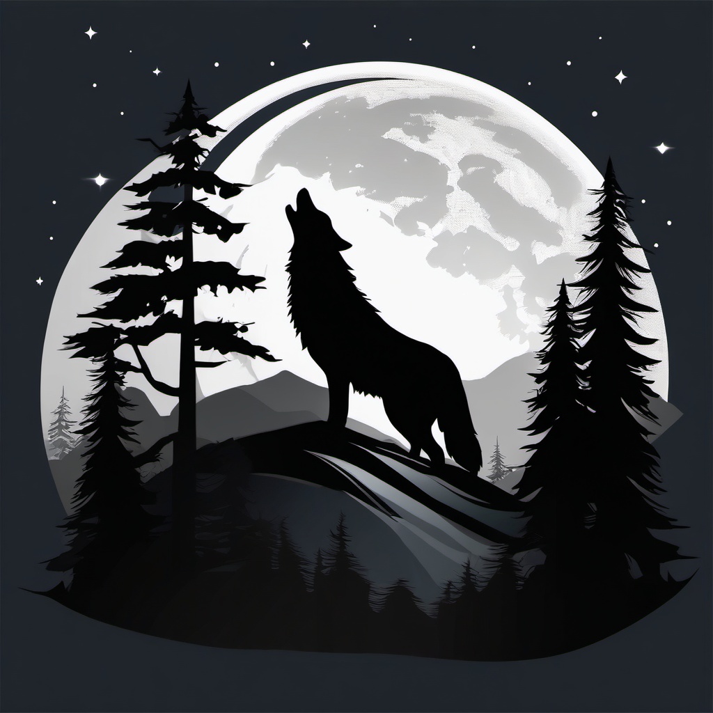 Wolf Clipart - Wolf howling at the full moon on a dark night , minimal, 2d