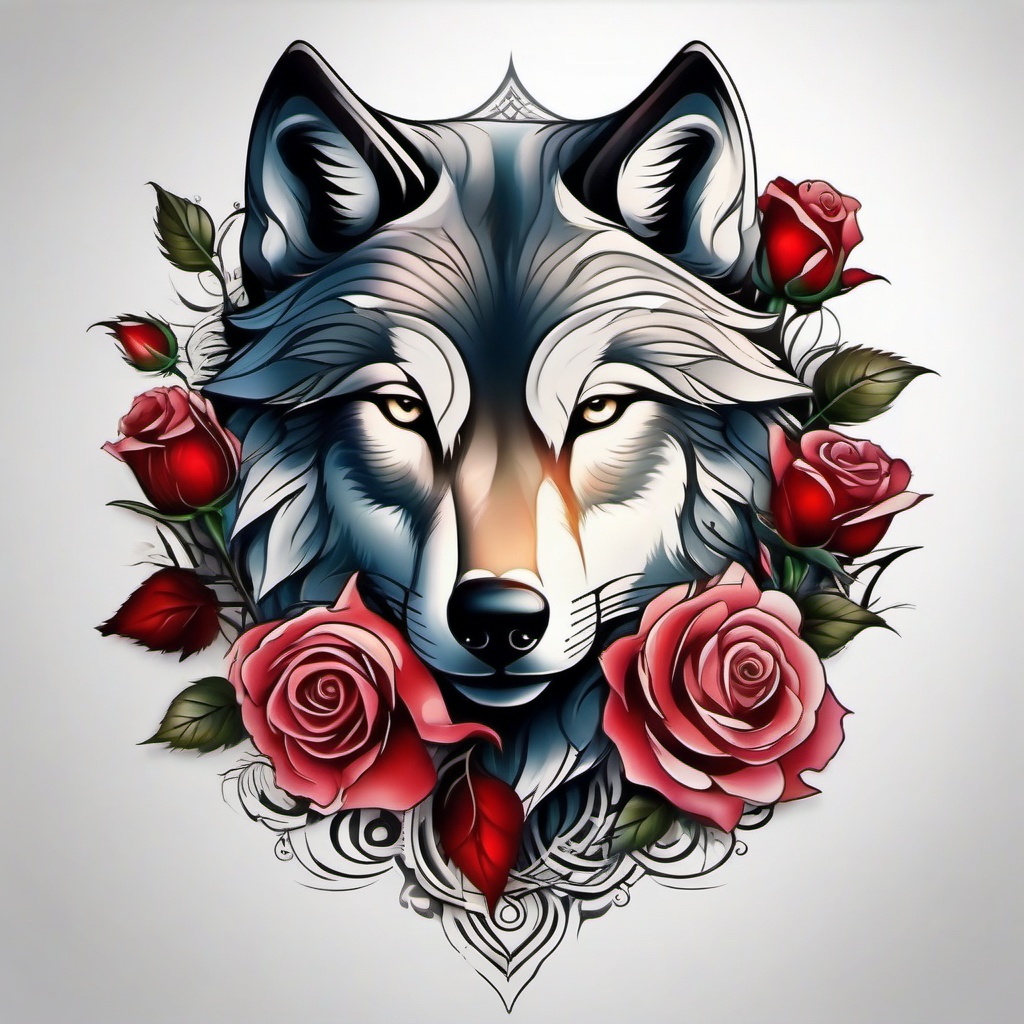 Rose and Wolf Tattoo,harmonious blend of a rose and a wolf, synthesis of beauty and strength. , color tattoo design, white clean background