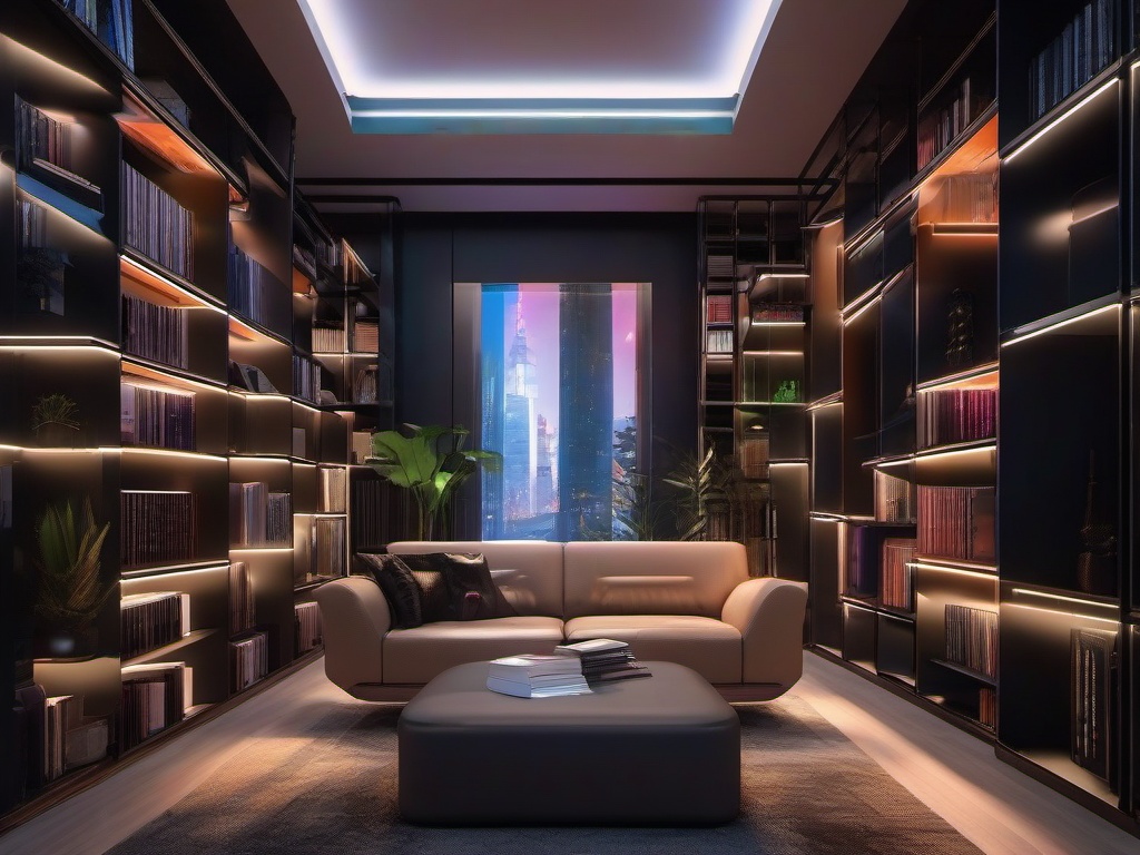 In the library room, cyberpunk interior design incorporates sleek bookshelves, ambient LED lighting, and futuristic seating that inspire a love for reading and exploration.  