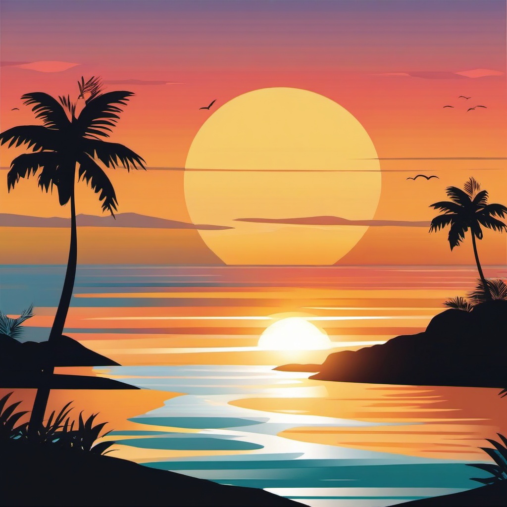 Sun Set Clipart,Decorating a serene beach scene with sun set clipart  simple, 2d flat