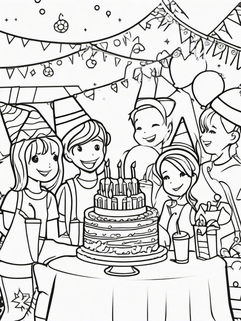 Kawaii Birthday Party Coloring Pages - Fun Birthday Celebration with Friends  minimal black outline printable sheet, coloring page