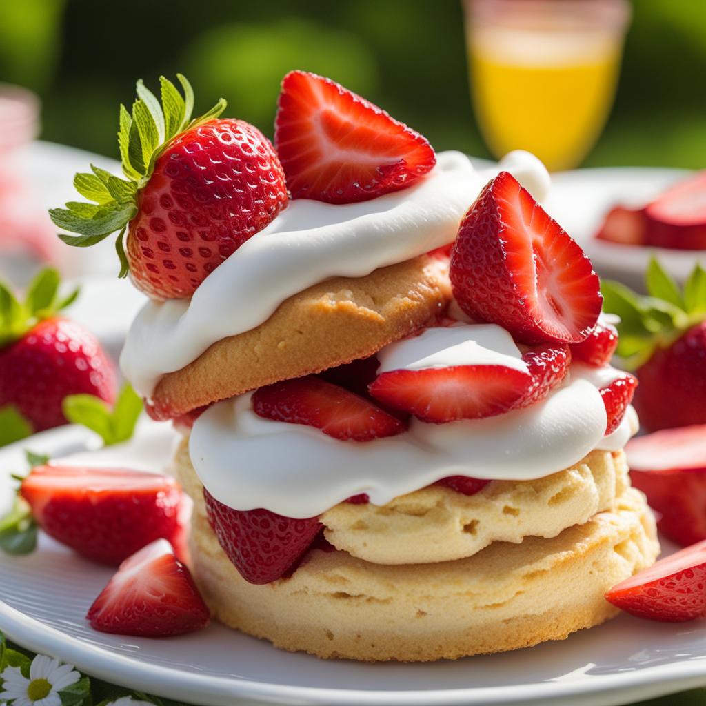 strawberry shortcake topped with fresh whipped cream, enjoyed at a sunny garden party. 